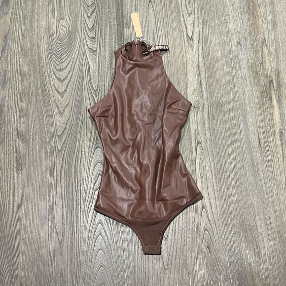 SKIMS Tops - NWT Skims Faux Leather High Neck Bodysuit Pullover Sleeveless Lined Cocoa XXS